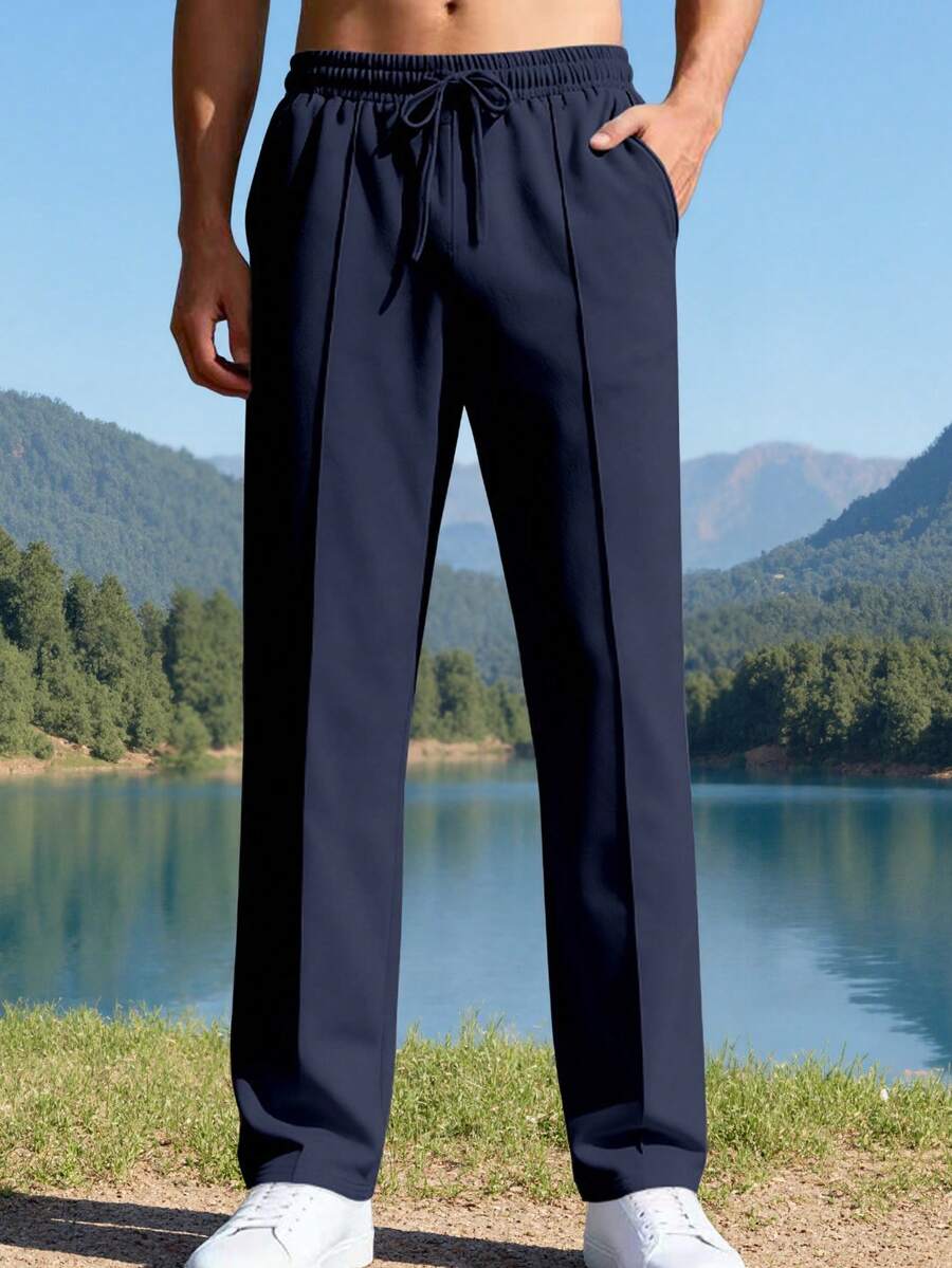 Men's Casual Solid Color Straight Loose Drawstring Waist Sweatpants - Navy Blue - View 1