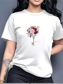 Camiseta Premium para Mujer con Diseño Floral de Llaves - Estampado Ramo de Fe, Elegante Top de Manga Corta para Mujer, Regalo Perfecto para Familiares, Amigos y Eventos Corporativos, Moda de Verano, Calidad Premium 180G, Tallas S-3XL, Envío Gratis - Blanco - Ver 6