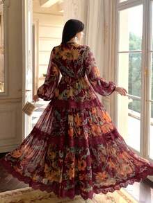 Women's Elegant Modern Romantic Floral Long Sleeve Ruffle Patchwork Design Slimming Flared Dress Fall - Burgundy - View 5