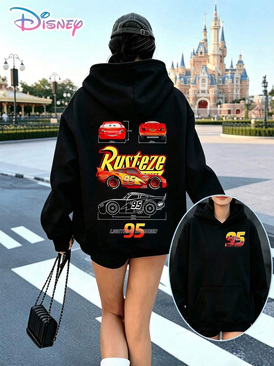 Disney Lightning McQueen Rust‑Eze Blueprint Back‑Front Printed Hoodie With "Rust‑Eze 95 Lightning McQueen" Slogan. A Relaxed, Casual, And Versatile Unisex Top, Perfect For Holiday Gifting. (Unisex Autumn/Winter Clothing/Casual Everyday Outfits/Patterned Hoodies/Printed Tops/Casual Outfits For Disney‑Park Daily Wear) - màu đen - Xem 1