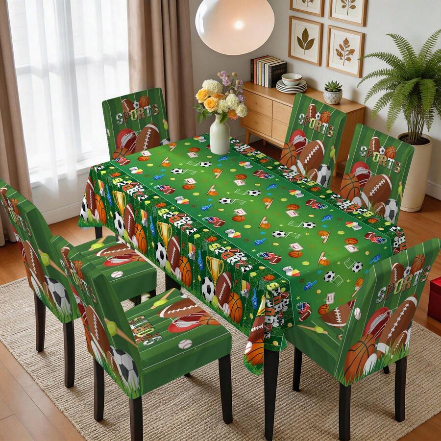 1/4/5/6/7pcs Sports Theme Polyester Fiber Dining Chair Cover, Football Basketball Rugby Trophy Decor, Suitable For Restaurant, Cafe, Holiday Party, Home Decor, Gift