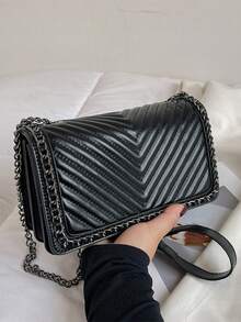 Fashionable V-Shaped Embroidery Thread Shoulder Bag With Chain Decor, Small Square Crossbody Bag For Women - Black - View 8