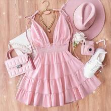 Everyssa Vestido de mujer de unicolor con cuello en V, tirantes con lazo, sin mangas y con volantes en el bajo - Púrpura malva - Ver 3