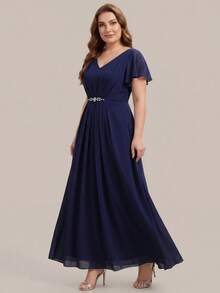 EVERPRETTY Women's Elegant Romantic V-Neck Short Sleeve Ruffle Sleeve Chiffon Evening Dress, Suitable For Spring/Summer Wedding, Formal Occasion, Graduation Party, Holiday, Birthday Party - Navy Blue - View 3
