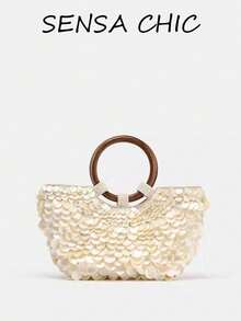 这款时尚女士手提包饰有闪亮亮片，并配有环形手柄。尺寸为 9.84*9.84*0.39 英寸。贝壳造型的设计使其成为年轻女性、时尚爱好者、职业女性的完美之选，也适合晚宴、度假、旅行、购物、约会、婚礼和派对等各种场合。 - 彩色 - 查看 8