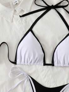 Conjunto de bikini de unicolor con contraste nuevo para mujer en verano, traje de baño con escote halter y espalda descubierta, tela de alta elasticidad, para fiesta/festival de música, atue - Blanco y Negro - Ver 4