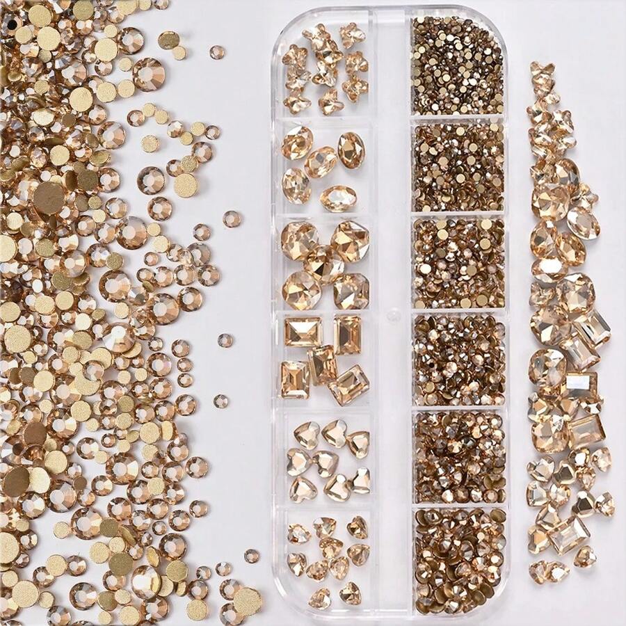 12 Pieces Of 3D Clear Crystal Nail Stickers Mixed With Oval Diamonds, Butterflies, Hearts And Round Rhinestones For Nail Decoration. - 巧克力棕 - 查看 1