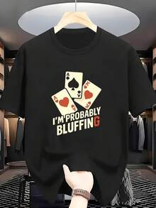 Men's 100% Pure Cotton Short-Sleeved T-Shirt With A Four-Card Playing Card Print And The Phrase "PROBABLY BLUFFING". Comfortable And Casual Short-Sleeved T-Shirt For Summer. - 黑色 - 查看 1
