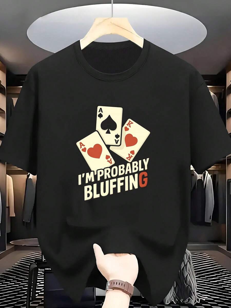 Men's 100% Pure Cotton Short-Sleeved T-Shirt With A Four-Card Playing Card Print And The Phrase "PROBABLY BLUFFING". Comfortable And Casual Short-Sleeved T-Shirt For Summer. - 黑色 - 查看 1