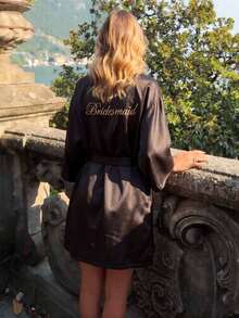 Gold Letter Robe, Suitable For Loungewear, Dresses, Women's Sleepwear, Bridal & Bridesmaid Robes, Wedding Party Attire, Wedding Ceremony & Reception Accessories, Women's Spring/Summer Bridesmaid Pajamas, Wedding Gowns, Best Friend Party Embroidered Robes, Bridal Robes, Wedding Supplies, Outdoor Weddings, Holiday Parties, Bathroom Decor, Back To School, Also An Ideal Choice For Street Fashion - Black Bridesmaid - View 7