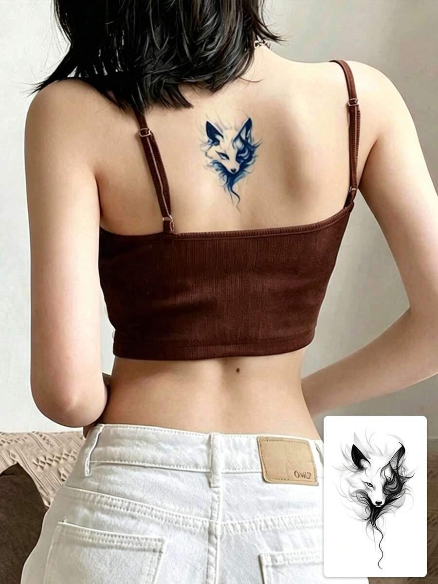 1 Sheet Of Herbal Tattoo Sticker - Ink Smoky Fog Wind Spirit Fox Dark Mysterious Personalized Vertical Tattoo Design, Temporary Tattoo Sticker, Washable PVC One-Time Use Waterproof And Sweat-Proof Hand-Arm-Waist-Abdomen-Back-Leg Non-Reflective Imitation Tattoo Design, Suitable For Travel, Music Festival, Games, Graduation Gifts, Daily Use. For 7-14 Days. - Black - View 1