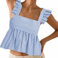 Women's Summer Floral Print Tank Tops Ruffle Cap Sleeve Bow Tie Backless Crop Top Square Neck Ruffle Hem Blouse Tops - 藍色 - 查看 2