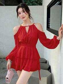 xheCelisse Vestido corto casual, de oficina y para citas con hombros descubiertos, mangas farol, volantes en la cintura y bajo, para primavera/verano/otoñoxhe - Rojo - Ver 5