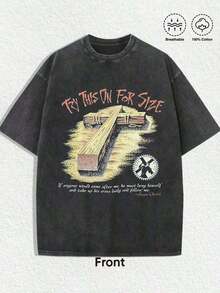 Ropa; Camisetas de Verano 1 Pieza Camiseta con Gráfico Religioso "Pruébalo Para Ver la Talla - Cruz de Madera": Con acabado vintage desgastado, estampado de letras llamativas "Pruébalo Para Ver la Talla" en tono coral, ilustración artística de cruz de madera con detalles texturizados, combinada con un verso bíblico inspirador ("Si alguien quiere seguirme, debe negarse a sí mismo y cargar su cruz diariamente y seguirme"). Confeccionada en 100% algodón transpirable, perfecta para añadir un toque espiritual y nostálgico a tus atuendos durante las celebraciones de Pascua, eventos religiosos o uso diario. Ropa de Verano MJAO - Negro - Ver 7