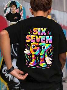 Basic Short-Sleeved T-Shirt For Pre-Teen Boys, Featuring A Cartoon-Style Slogan Graphic Print With The Number 67, In A Minimalist And Refreshing Style, Suitable For Casual Spring, Summer And Autumn Outfits - 紅色和黑色 - View 1