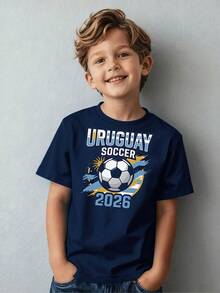 Boys' Casual Sports Uruguay Football 2026 Graphic Print Soccer T-Shirt, Black Short Sleeve Shirt For Children Ages 4-12, Kids' Clothing - 白色 - 查看 1