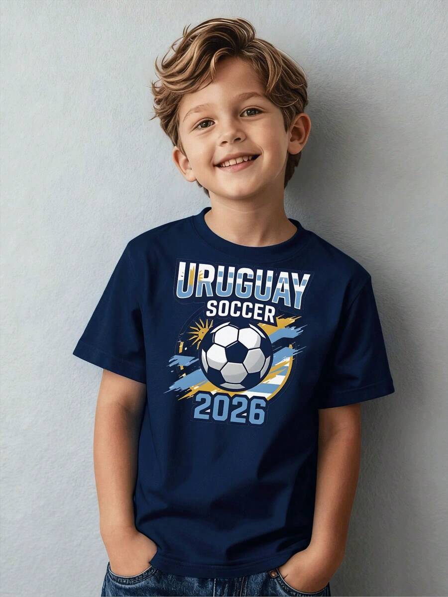 Boys' Casual Sports Uruguay Football 2026 Graphic Print Soccer T-Shirt, Black Short Sleeve Shirt For Children Ages 4-12, Kids' Clothing - 白色 - 查看 1
