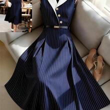 Vestido azul marino a rayas con cuello de contraste y cintura en línea A, encantador y elegante para uso diario, vacaciones, moda de citas, estilo francés retro y versátil, de manga larga y sin mangas, nuevo vestido camisa azul marino para primavera y verano - Multicolor - Ver 2