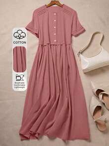 Vestido camisero de algodón y lino de unicolor y manga corta para mujer - verde menta - Ver 9