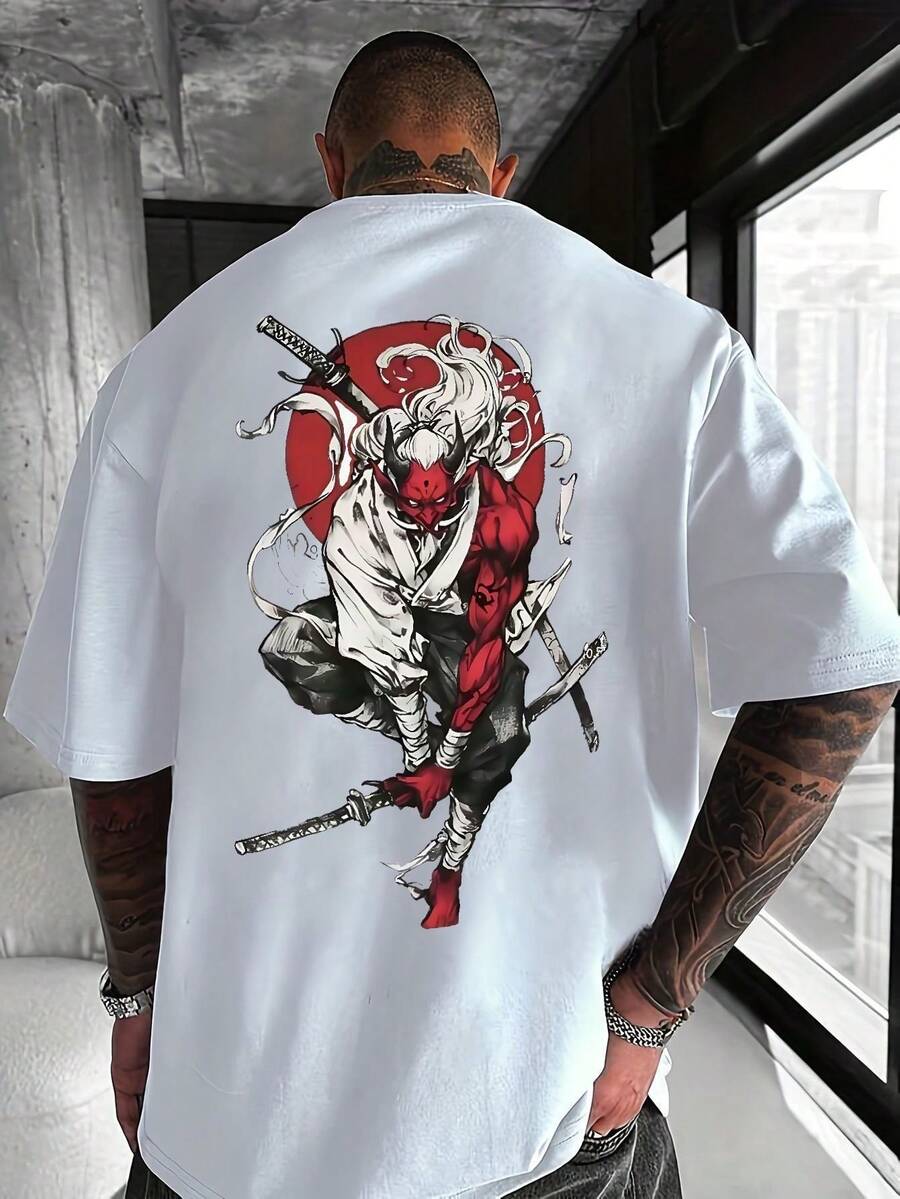 Samurai Print T-Shirt - 100% Cotton Short Sleeve Martial Arts Design With Katana And Kanji On The Back, Casual Round Neck For Summer, Themed Events And Casual Wear - 白色 - 查看 1