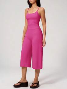 TimeOff 1 Set Women Solid Color Adjustable Strap Camisole And Wide Leg Pants Sports Suit - Pink - View 7