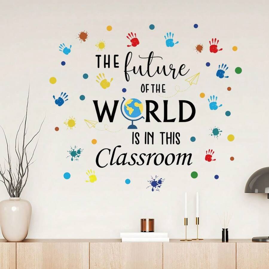 Colorful Handprint Inspirational Text Wall Sticker, Classroom & Home Decor Wall Paper, Living Room Decoration - C - View 1