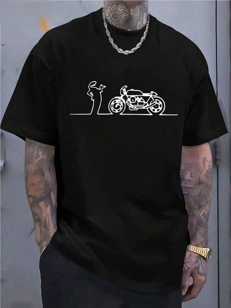 Camiseta Negra para Hombre con Estampado de Motocicleta para Uso Casual,Elección perfecta de regalo de cumpleaños o festividad para amigos, familiares, novio o novia - Negro - Ver 1