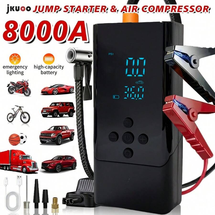 مضخة هواء للسيارة/ضاغط هواء محمول مطور 2026، مقياس ضغط إطارات رقمي 150PSI، بادئ تشغيل سيارة متعدد الوظائف 8000A، بنك طاقة ثقيل الواجب، مع مصباح LED وشاحن بطارية، أداة إصلاح السيارة، اكسسوارات السيارة