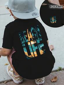 Kids' Surf T-Shirt With Palm Tree Print - Light Yellow And Turquoise With Surf Print On The Back, Short Sleeve And Round Neck, Casual Summer Top For Pool Parties, Surfing And Coastal Style - Machine Washable Kids' Surf Clothing - 黑色 - 查看 1
