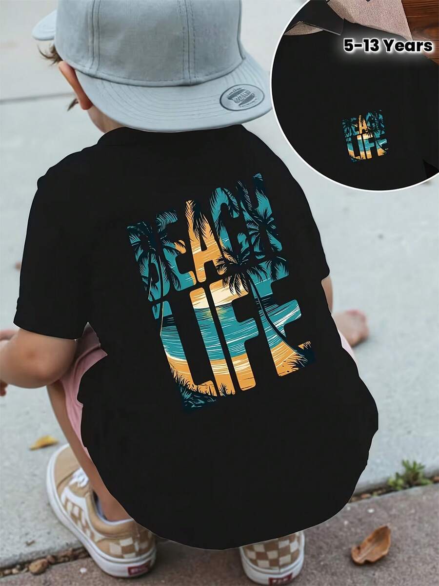 Kids' Surf T-Shirt With Palm Tree Print - Light Yellow And Turquoise With Surf Print On The Back, Short Sleeve And Round Neck, Casual Summer Top For Pool Parties, Surfing And Coastal Style - Machine Washable Kids' Surf Clothing - 黑色 - 查看 1