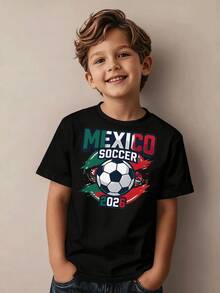 Mexico Football 2026 Graphic Soccer Jersey For Boys, Casual Sportswear, Children's Clothing For Ages 5-13, Everyday Outfit - 黑色 - 查看 7