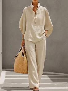 Women's Stand Collar Half-Button Two-Piece Linen Set, Batwing Sleeve Blouse With Elastic Waist Wide Leg Pants, Relaxed Fit Silhouette, Casual Minimalist Style, Available In Multiple Colors, Suitable For Daily Wear, Travel, Errands And Relaxed Outings - 土黃色 - 查看 7