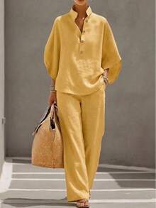 Women's Stand Collar Half-Button Two-Piece Linen Set, Batwing Sleeve Blouse With Elastic Waist Wide Leg Pants, Relaxed Fit Silhouette, Casual Minimalist Style, Available In Multiple Colors, Suitable For Daily Wear, Travel, Errands And Relaxed Outings - 土黃色 - 查看 12