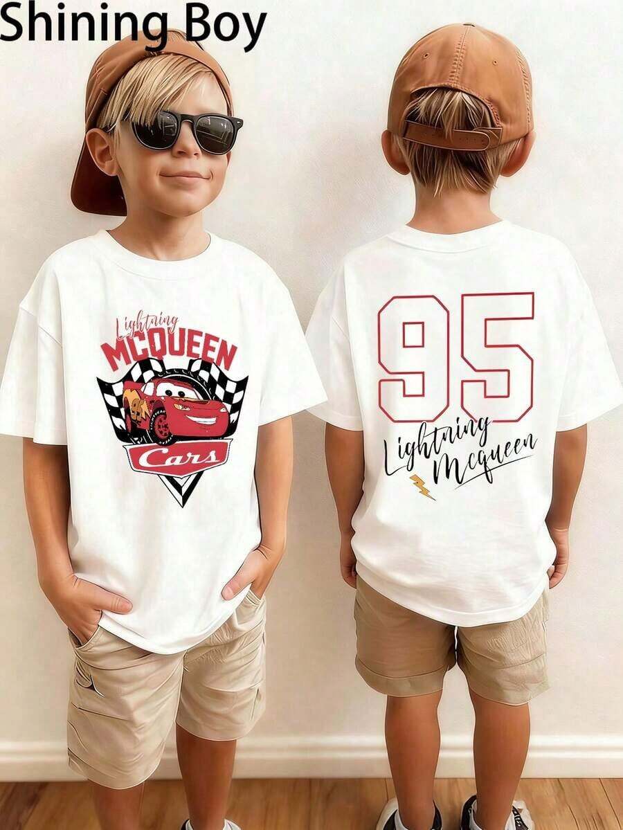 Disney Lightning McQueen Cars Theme Cartoon Print, Casual And Simple Short Sleeved T-Shirt, Suitable For Wearing In Spring And Summer Seasons, Suitable For Both Boys And Girls. Festival Gift - White - View 1