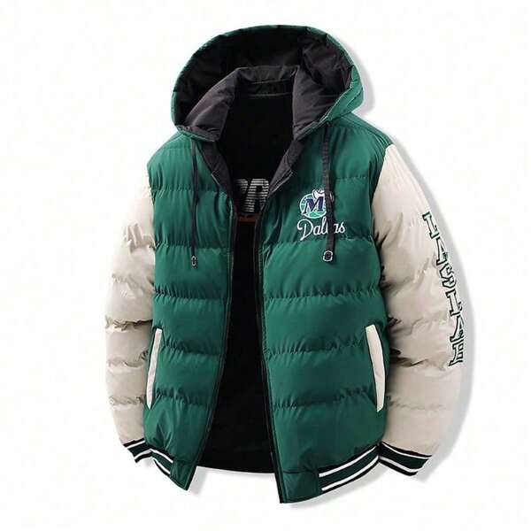 Mens Embroidered Contrast Color Hooded Down Coat Loose Fit Detachable Hood Reversible Thickened Winter Jacket  Streetwear Fashion Warm Windproof Lightweight Comfortable Outdoor Casual Wear Waterproof Insulated Puffer Coat For Cold Weather