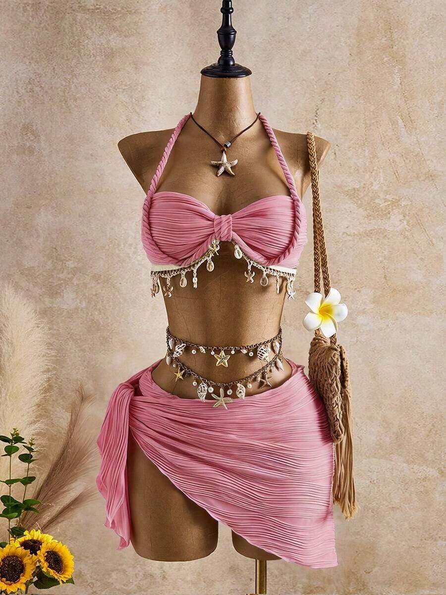 Bellisia Conjunto de tankini de tirantes con estampado de olas beige y decoración de conchas y estrellas para mujer, conjunto de ropa de vacaciones de primavera/verano/otoño, conjunto de bikinis con cobertura para mujer, conjunto de 3 piezas para outfits de verano para mujer - Rosa - Ver 1