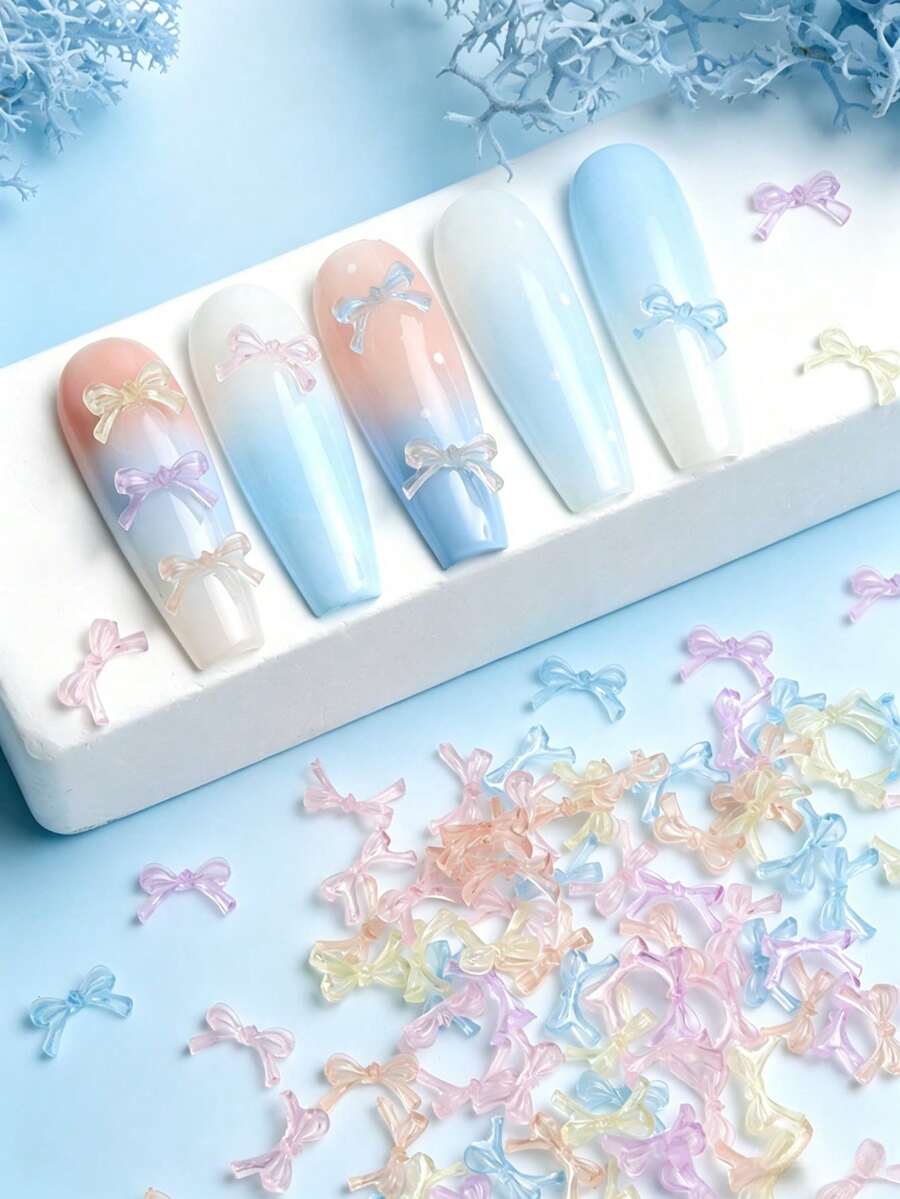 100件裝半透明馬卡龍迷你蝴蝶結美甲裝飾，果凍芭蕾蝴蝶結3D樹脂美甲貼片，韓系可愛浪漫極簡蝴蝶結美甲配件，適用DIY美甲沙龍設計，唯美風格