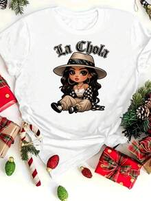 T-Shirt, Front Print, Modern, Short Sleeve, Summer Essential, La Chola, Cartoon Girl Print, Casual Round Neck Top For Women - Women's Clothing, Comfortable Fit, Classic Design, 100% Cotton. - 白色 - 查看 7