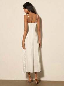 Vestido de verano de longitud media con tirantes de espagueti, unicolor y parches de encaje elegante para mujer - Blanco - Ver 5