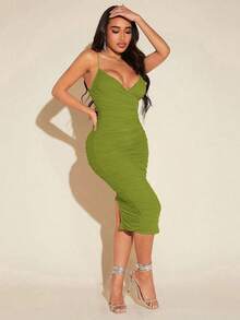 xheRadiana Vestido de punto de corte en V profundo con tirantes finos y ajustado hasta la rodilla para mujerxhe - Verde - Ver 4