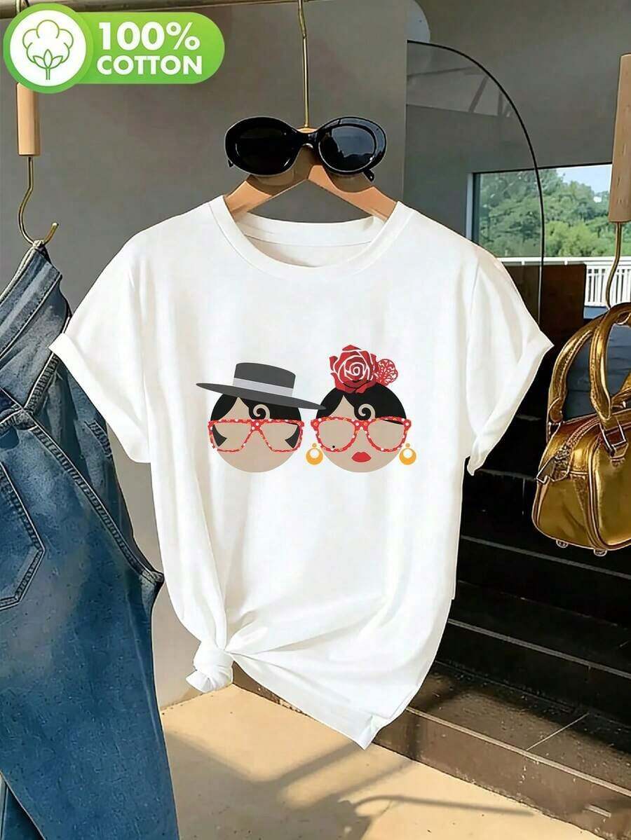 NewSummerCasual Women's 100% Cotton Short Sleeve T-Shirt With Polka Dot And Flamingo Print, Spring/Summer Style. Comfortable And Soft Short Sleeve T-Shirt, Y2K Urban Style With Spanish Slogan Print. Summer T-Shirt, Perfect For A Casual Summer Look. - Unisex Loose-Fitting Cotton Short Sleeve T-Shirt With A Crew Neck And Vintage Urban Style. - 白色 10 - 查看 1
