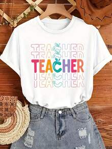 (001 # Fashionable Women's T-Shirt, Round Neck T-Shirt With Printed Design, Casual Short Sleeve T-Shirt For Women 100% Cotton. - 白色 - 查看 1