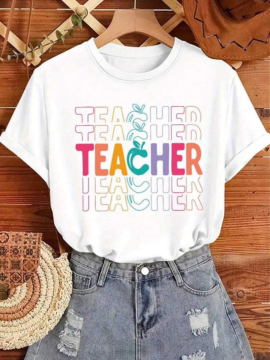 (001 # Fashionable Women's T-Shirt, Round Neck T-Shirt With Printed Design, Casual Short Sleeve T-Shirt For Women 100% Cotton. - 白色 - 查看 1