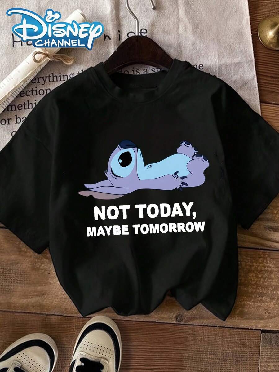 Disney "Lilo & Stitch" Printed Women's T-Shirt, Casual Round Neck Short Sleeve Shirt, Suitable For Casual Wear - màu đen - Xem 1