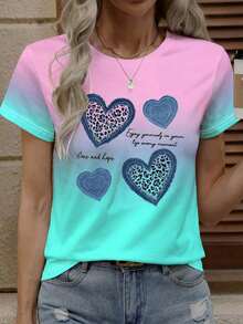 1 pieza Camiseta de manga corta con cuello redondo y estampado de líneas faciales para mujer, primavera y verano - Multicolor - Ver 1