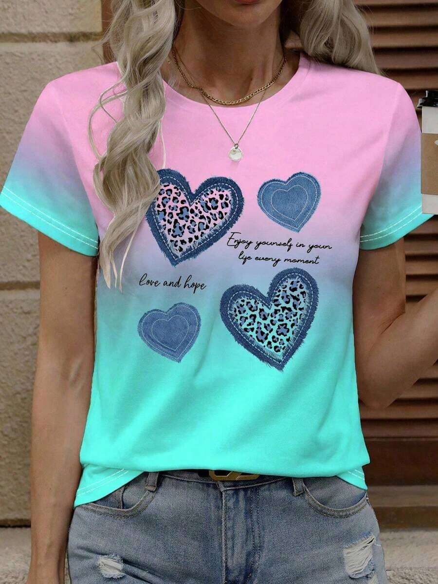 1 pieza Camiseta de manga corta con cuello redondo y estampado de líneas faciales para mujer, primavera y verano - Multicolor - Ver 1