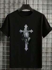 1 Camiseta para Hombre con Diseño de Manos en Oración y Cruz de Rosario, Ropa de Arte Simbólico de Fe Religiosa - Negro - Ver 6
