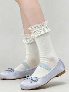 1 Pair Women's Beige Lace Pearl Decorated Ankle Socks, Sweet Lolita Style, Ribbed Knit, High Elasticity, Suitable For Lolita And Daily Wear - Multicolor - View 5
