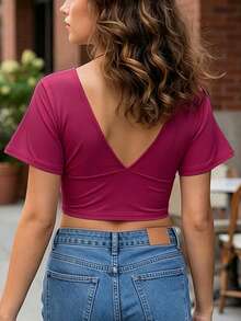 Womens Crop Tops Short Sleeve Deep V Neck Slim Fitted Solid Color Ruched Summer Shirts - Purple - View 4