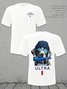 Men's Loose Crewneck T - Shirt - Michelob Ultra Cool Dog (Sunglasses & Cap) Graphic, 220g Soft Cotton Tee,Mens Clothes,Graphic T Graphic Tees - 白色 - 查看 1
